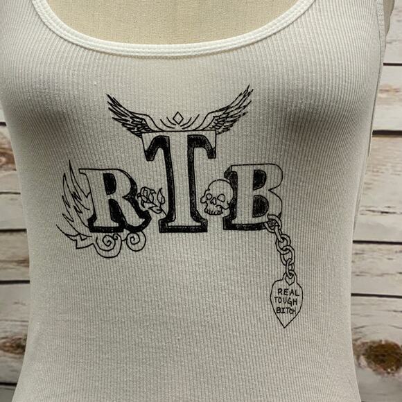 RTB Real Tough B itch White Racerback Tank Top Shirt Biker Babe Graphic Large - Picture 3 of 10